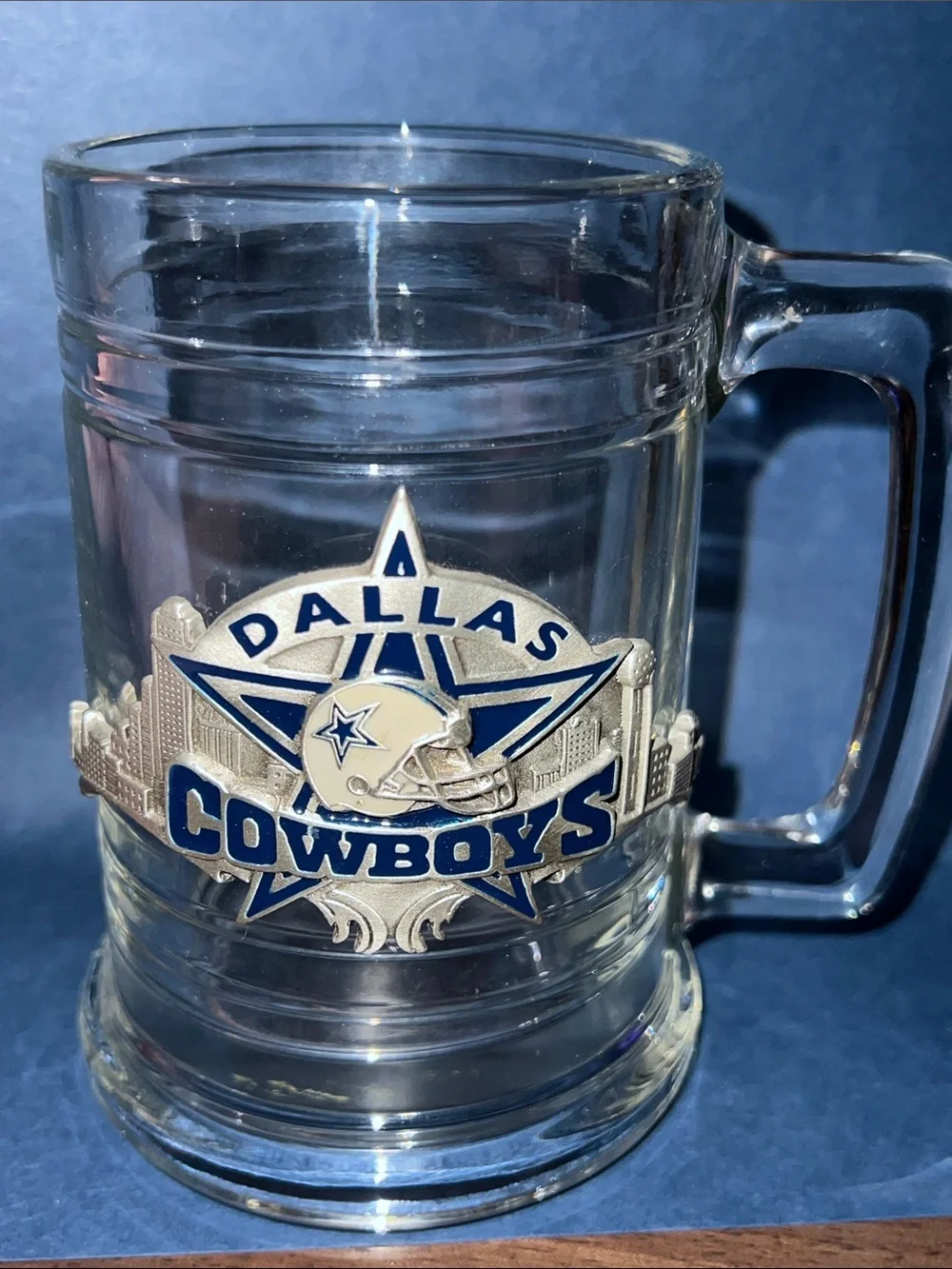 Vintage Dallas Cowboys Clear Glass Beer Mug Stein with 3D Pewter Emblem